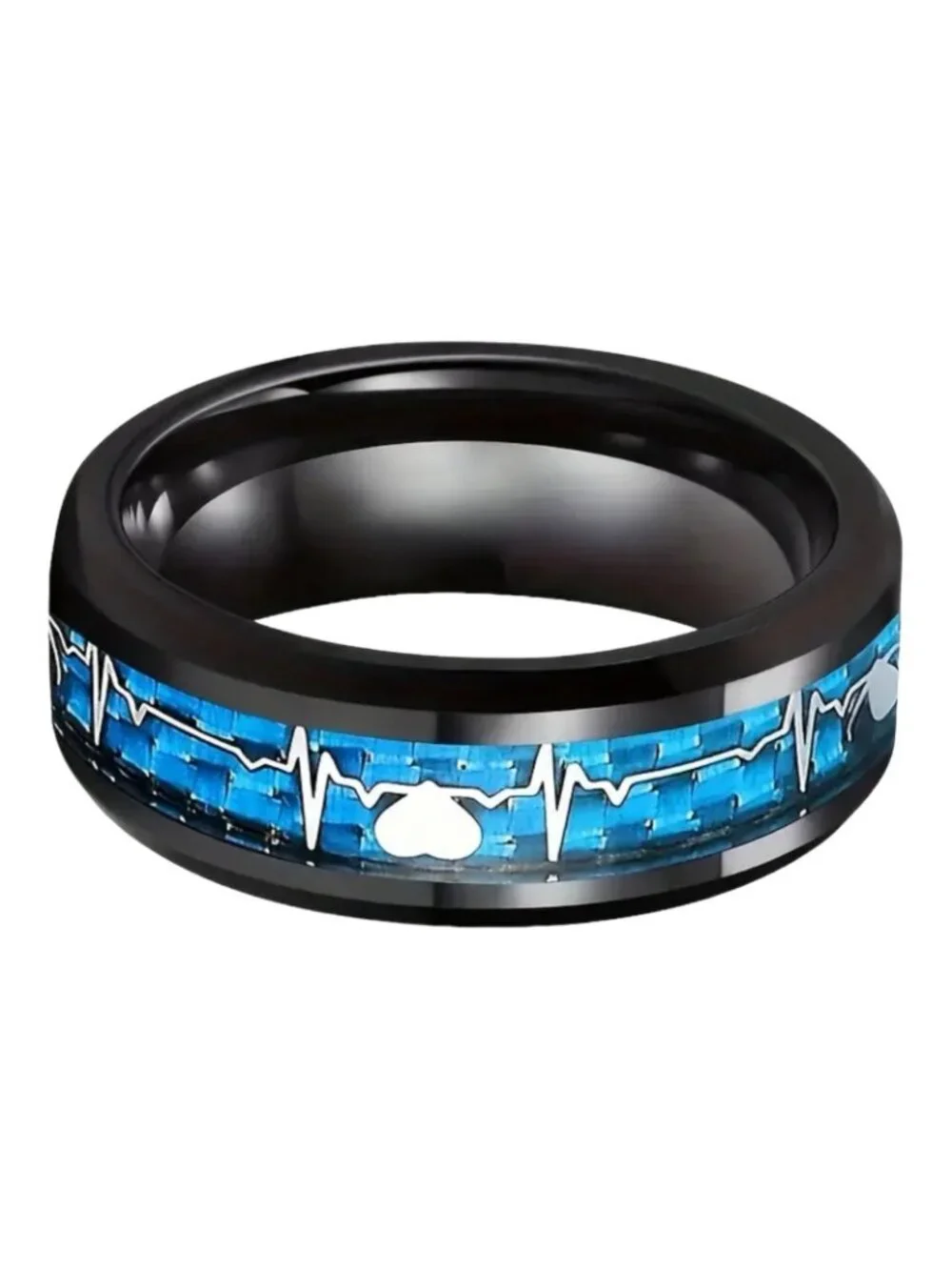 Men's Heartbeat Pattern Stainless Steel Ring 8mm Carbon Fiber Inlaid NWT sz 10